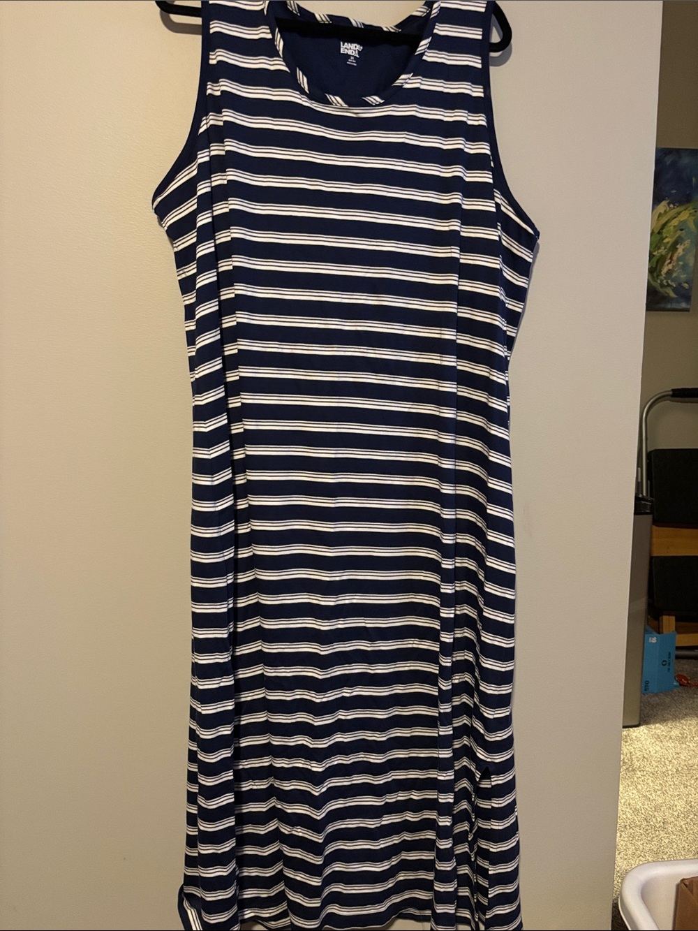 Lands' End Navy and White Striped Sleeveless Maxi  Nightgown with Shelf Bra